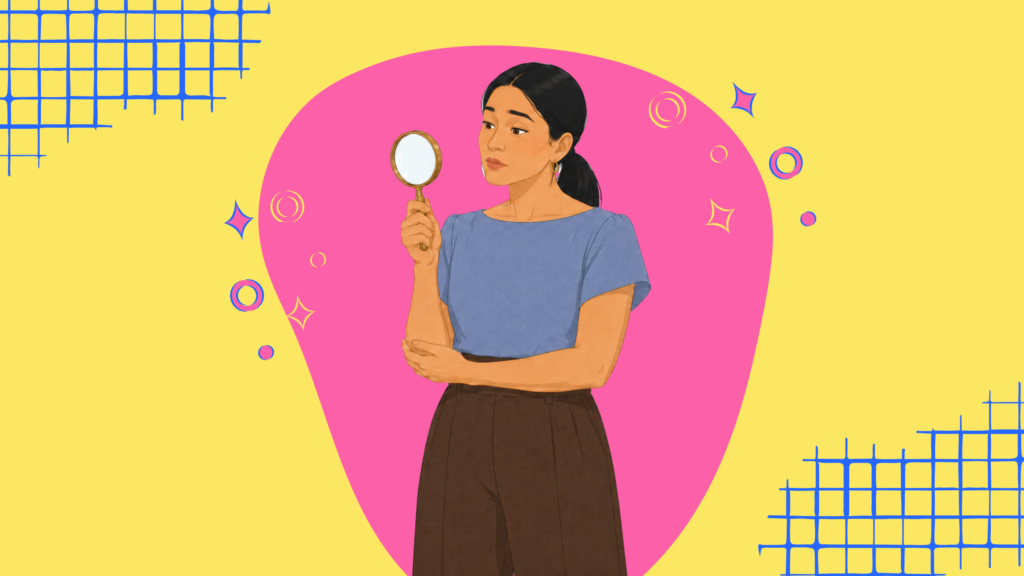 Woman looking through a magnifying glass, representing common mistakes when trying to conceive and overlooked fertility blind spots