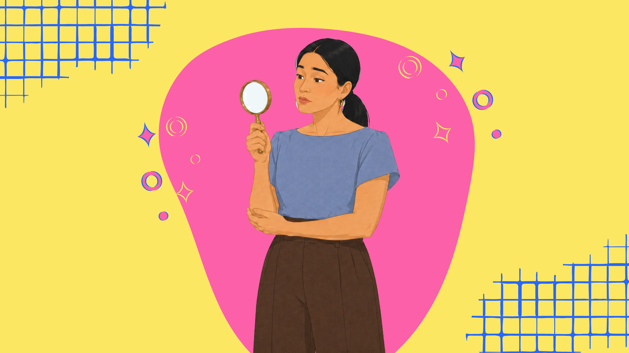 Woman looking through a magnifying glass, representing common mistakes when trying to conceive and overlooked fertility blind spots