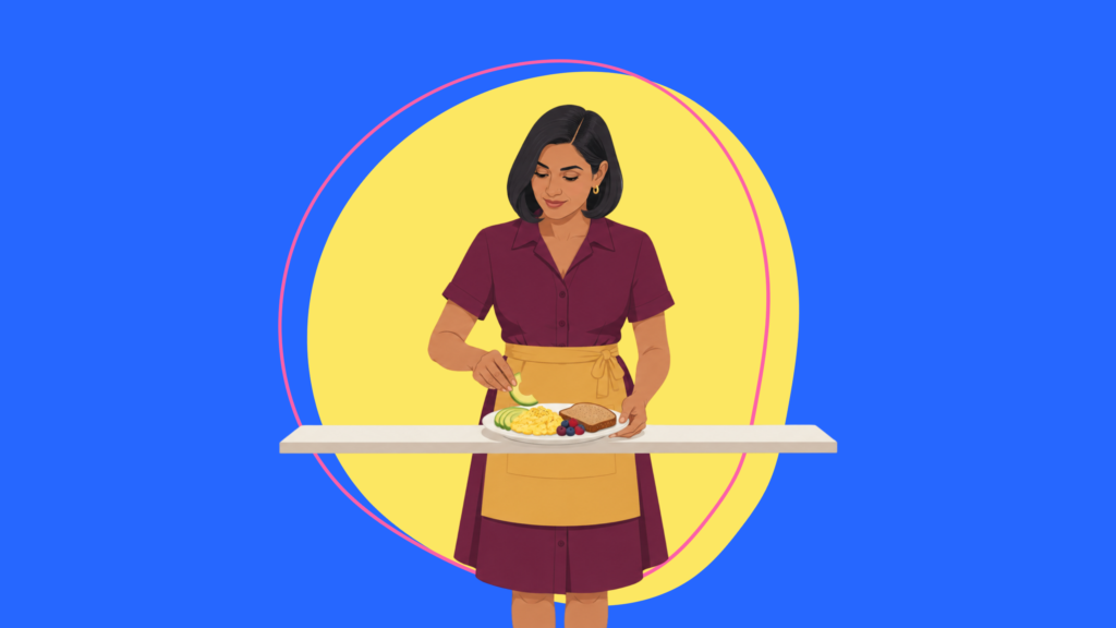 Woman preparing a balanced breakfast with protein, fiber-rich carbohydrates, and healthy fats to support blood sugar and fertility.